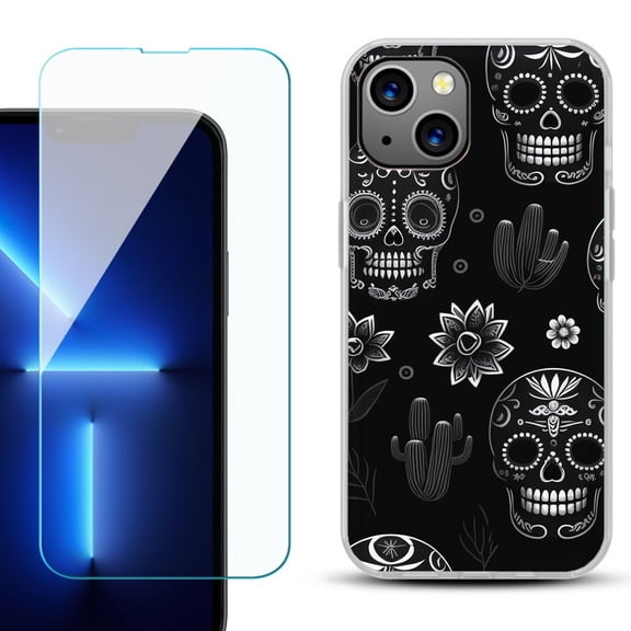OneToughShield ® for iPhone 15 Plus Shockproof Phone Case, with Tempered Glass Screen Protector - Skull Mix
