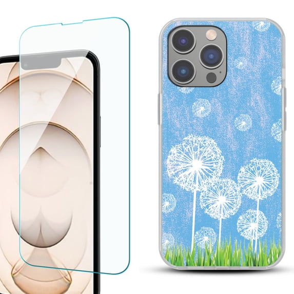 OneToughShield ® for iPhone 15 Pro Max Shockproof Fashion Phone Case, with Tempered Glass Screen Protector - Dandelion Sky