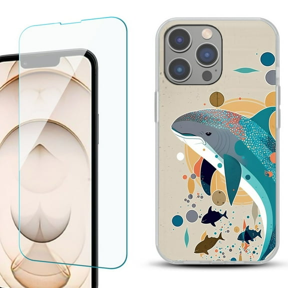 OneToughShield ® for iPhone 15 Pro Max Shockproof Fashion Phone Case, with Tempered Glass Screen Protector - Dolphin Family
