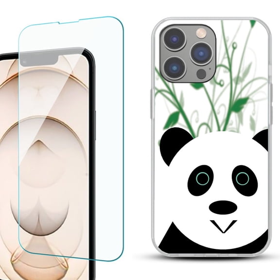 OneToughShield  for iPhone 15 Pro Max Shockproof Fashion Phone Case, with Tempered Glass Screen Protector - Panda