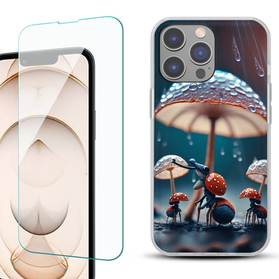OneToughShield for iPhone 15 Pro Shockproof Phone Case, with Tempered Glass Screen Protector - Ant n Mushroom