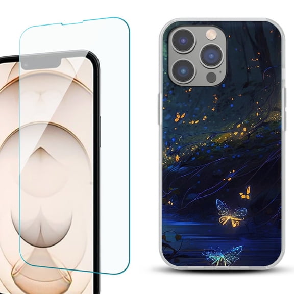OneToughShield for iPhone 15 Pro Shockproof Phone Case, with Tempered Glass Screen Protector - Fireflies Butterfly