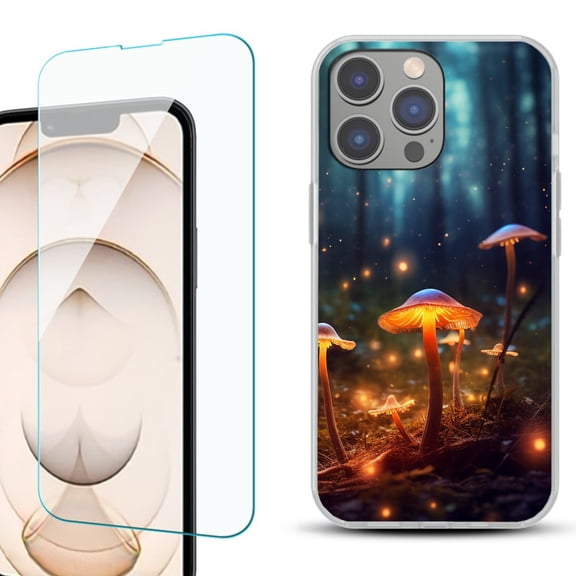OneToughShield for iPhone 15 Pro Shockproof Phone Case, with Tempered Glass Screen Protector - Fireflies Mushroom