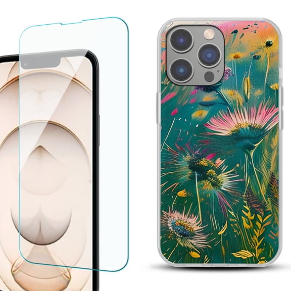 OneToughShield for iPhone 15 Pro Shockproof Phone Case, with Tempered Glass Screen Protector - Flower Wind