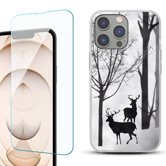OneToughShield  for iPhone 15 Pro Shockproof Phone Case, with Tempered Glass Screen Protector - Forest Deer