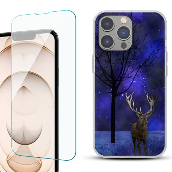 OneToughShield ® for iPhone 15 Pro Shockproof Phone Case, with Tempered Glass Screen Protector - Midnight Deer