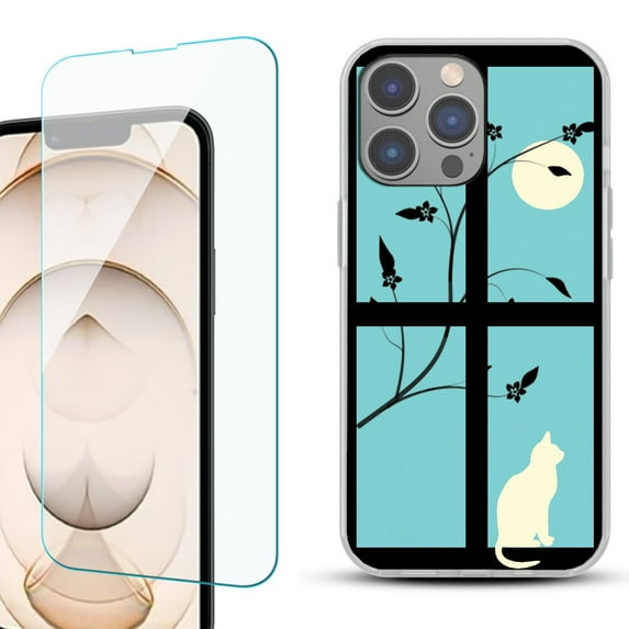 OneToughShield ® for iPhone 15 Pro Shockproof Phone Case, with Tempered Glass Screen Protector - Moon/Cat