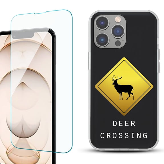 OneToughShield for iPhone 15 Pro Shockproof Phone Case, with Tempered Glass Screen Protector - Road Sign Deer