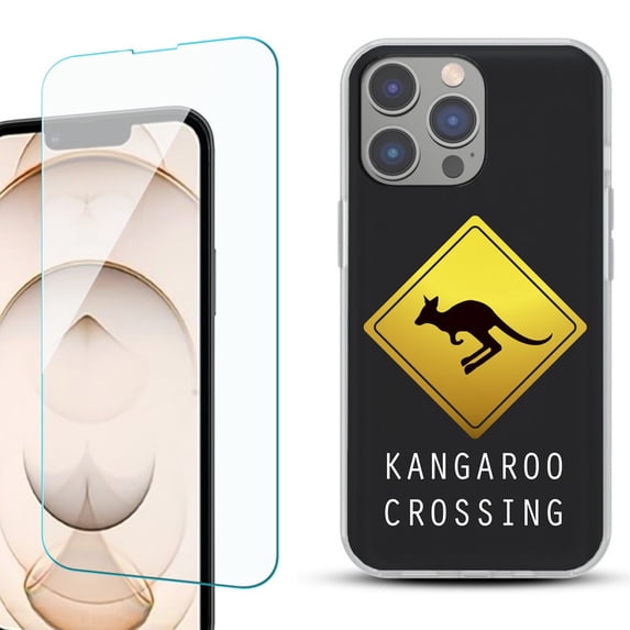 OneToughShield ® for iPhone 15 Pro Shockproof Phone Case, with Tempered Glass Screen Protector - Road Sign Kangaroo