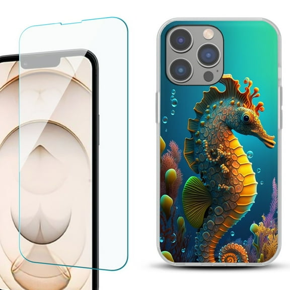 OneToughShield ® for iPhone 15 Pro Shockproof Phone Case, with Tempered Glass Screen Protector - Seahorse