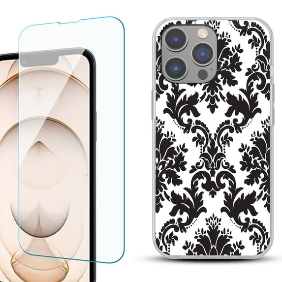 OneToughShield ® for iPhone 15 Pro Shockproof Phone Case, with Tempered Glass Screen Protector - Victorian White/Black