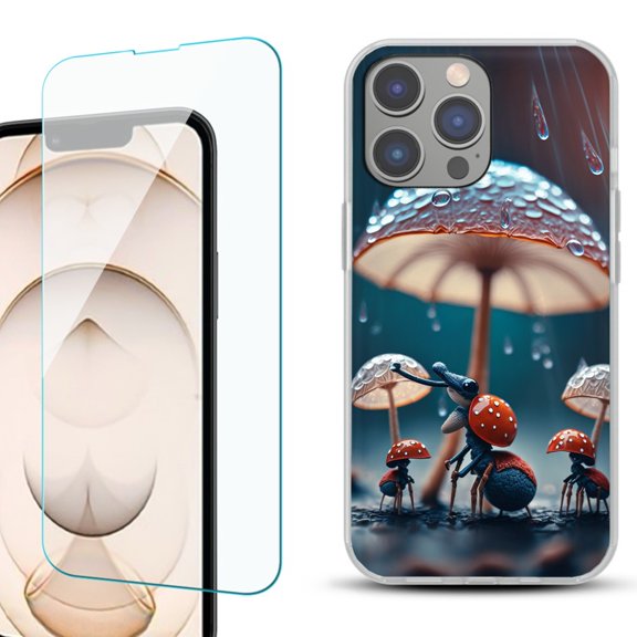OneToughShield for iphone 13 Pro Shockproof Phone Case, with Tempered Glass Screen Protector - Ant n Mushroom