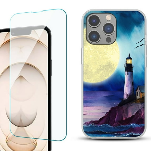 OneToughShield ® for iphone 13 Pro Shockproof Phone Case, with Tempered Glass Screen Protector - Lighthouse Moon