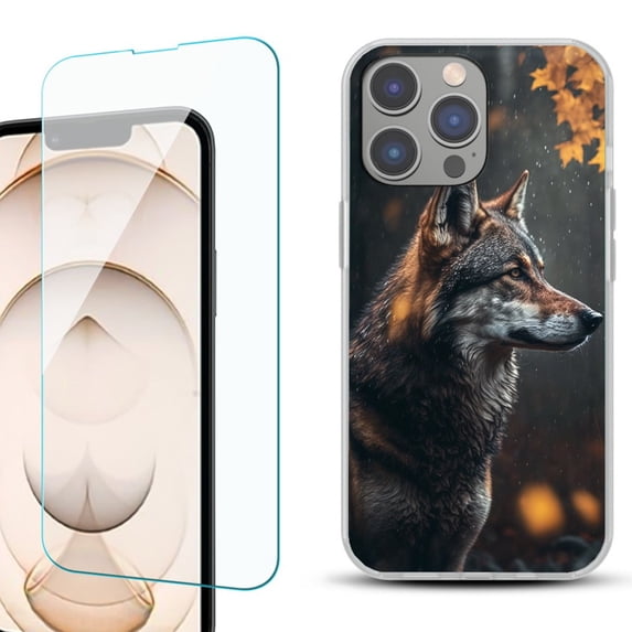 OneToughShield ® for iphone 13 Pro Shockproof Phone Case, with Tempered Glass Screen Protector - Wolf Autumn
