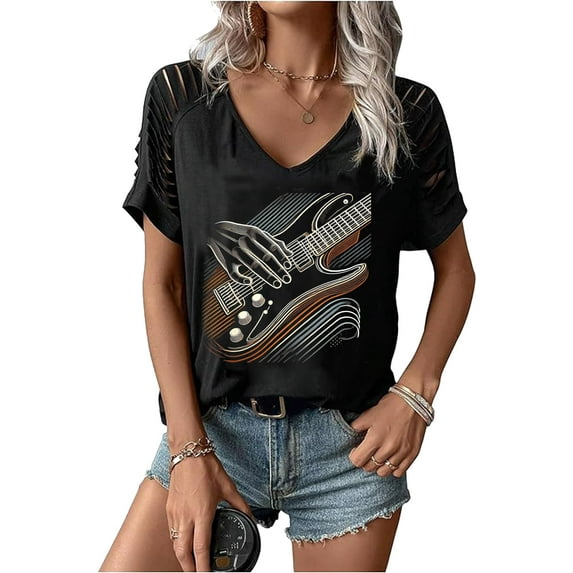 OneWhoYoung Country Music Women T-Shirt Vintage Graphic Tshirt Guitar Shirts Country Concert Shirt Western Retro Tops(Black,Small)