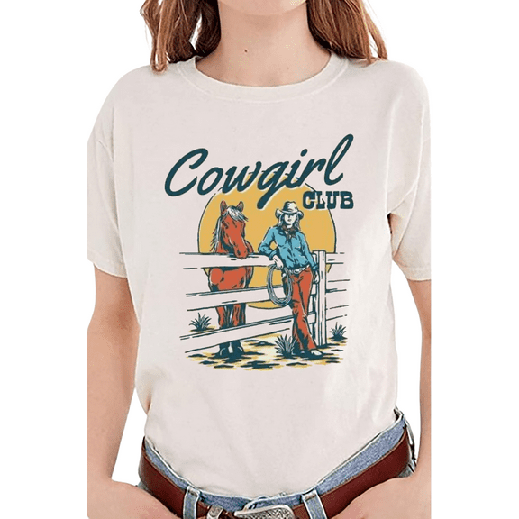 OneWhoYoung Cowgirl Western Style T-Shirt for Women Fun Graphic Tee Western Cowboy Vintage T-Shirt Cowboy Rodeo Tshirts(Beige-1,Large)