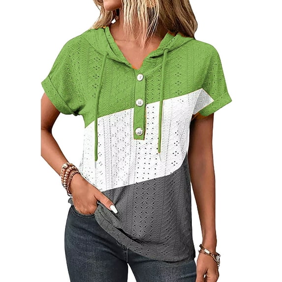 OneWhoYoung Women Eyelet Embroidery T-Shirt Summer Fashion Clothes Loose Fit Casual Holiday Blouse T Shirts(Green-1,Small)