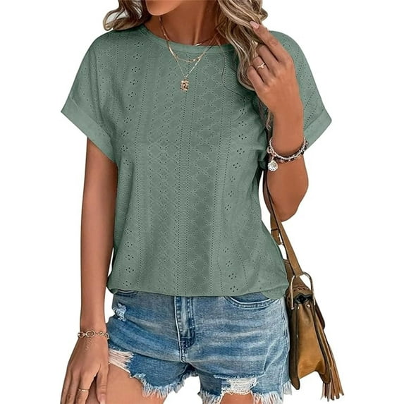 OneWhoYoung Women Eyelet Embroidery T-Shirt Summer Fashion Clothes Loose Fit Casual Holiday Blouse T Shirts(Green,Large)