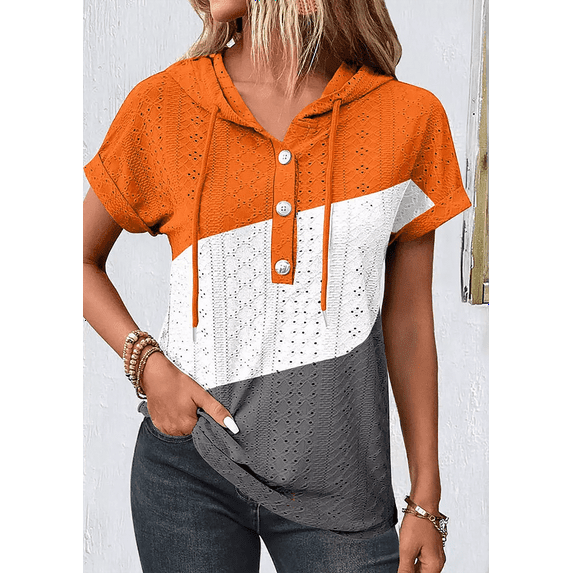 OneWhoYoung Women Eyelet Embroidery T-Shirt Summer Fashion Clothes Loose Fit Casual Holiday Blouse T Shirts(Orange,Large)
