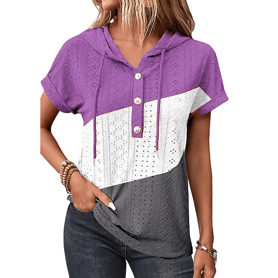 OneWhoYoung Women Eyelet Embroidery T-Shirt Summer Fashion Clothes Loose Fit Casual Holiday Blouse T Shirts(Purple-1,Small)