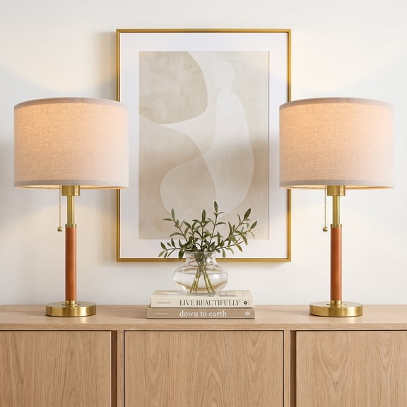 Oneach 18" Modern Farmhouse Table Lamp Set of 2,Weathered Wood Finish Bedside Lamps for Living Room with Pull Chain Switch