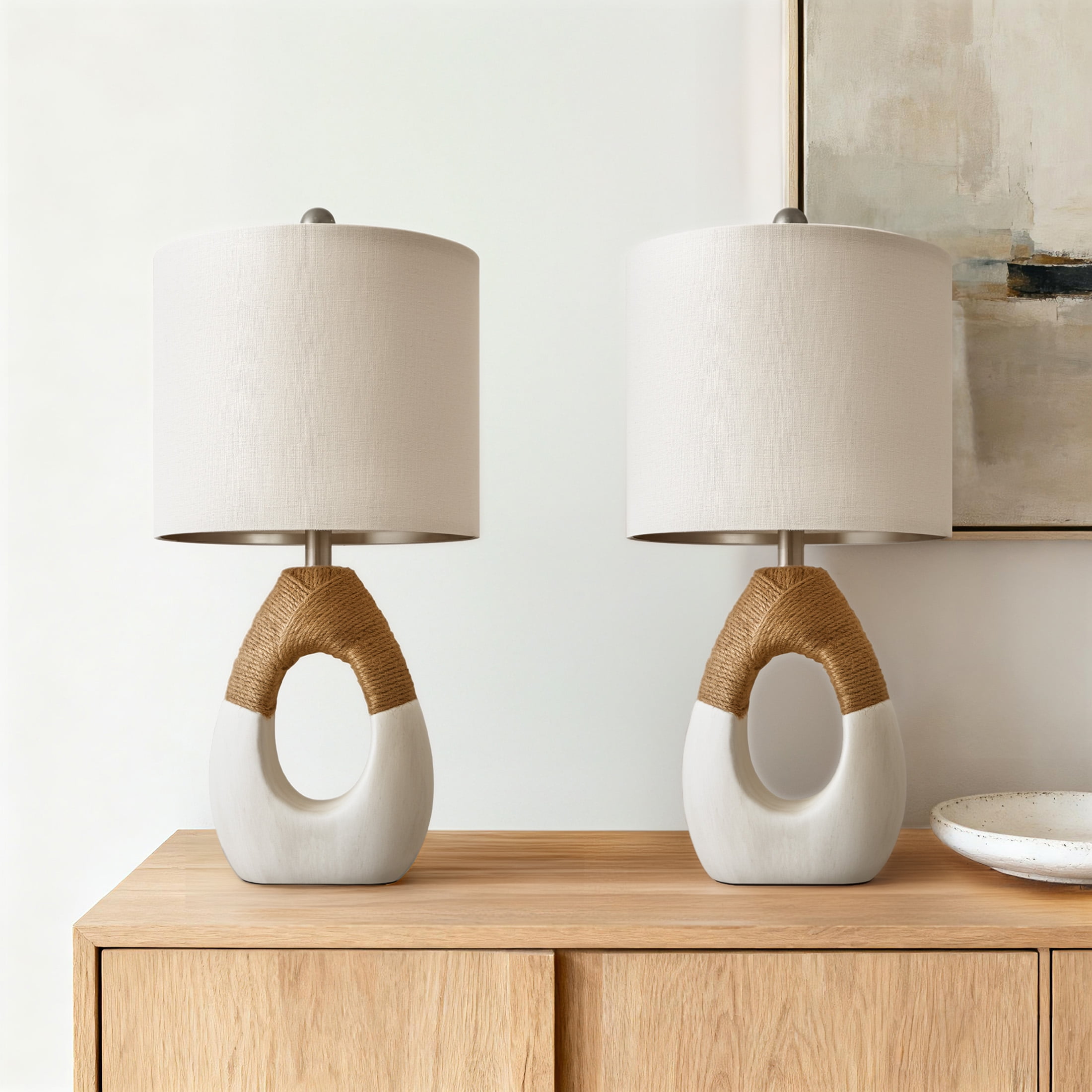 Oneach 19" White Boho Table Lamp for Living Room Bedroom Modern Resin Bedside Nightstand Lamps Set of 2 for Office Study Rattan Light
