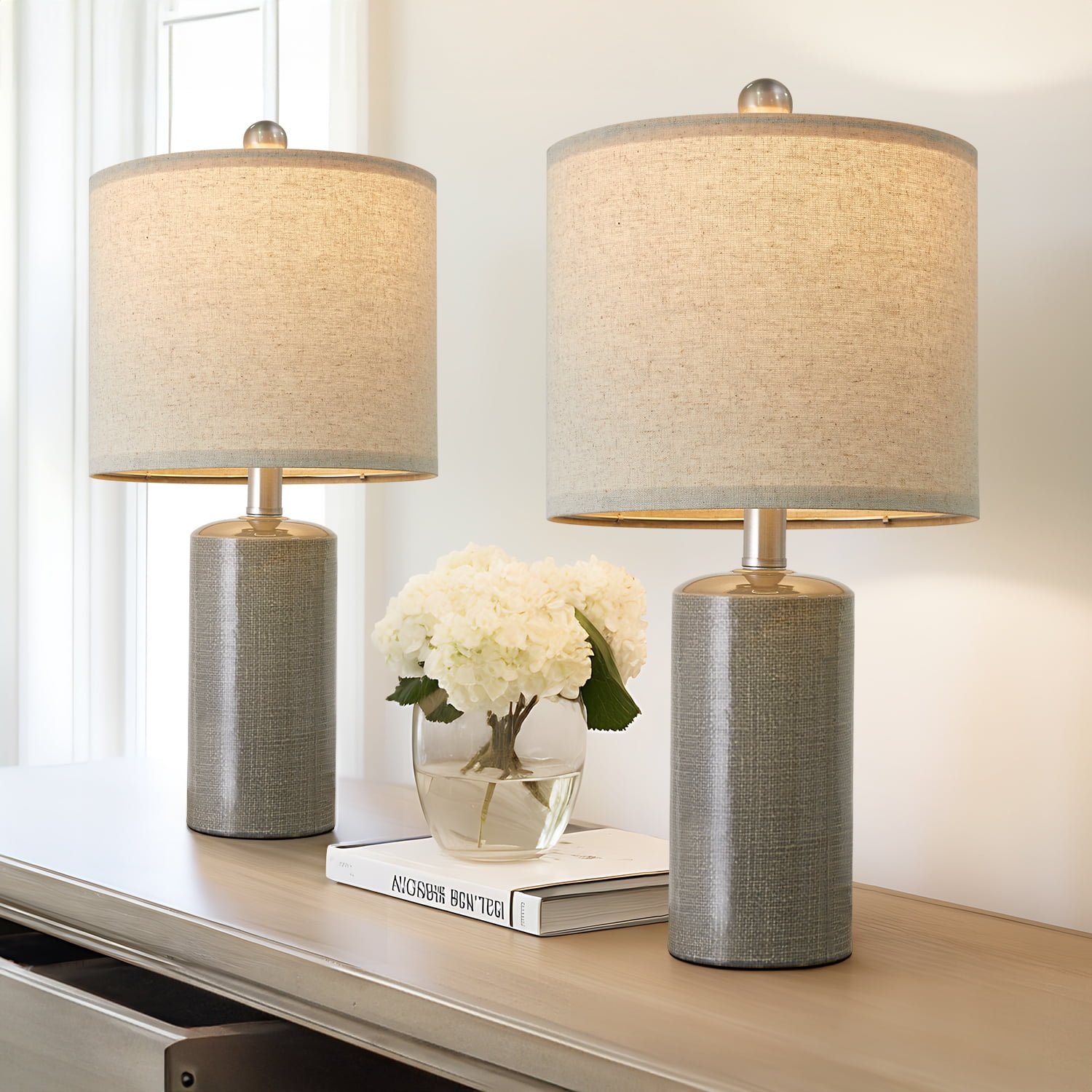 Oneach 20.25" Modern Table Lamp Set of 2 Gray Ceramic Bedside ...