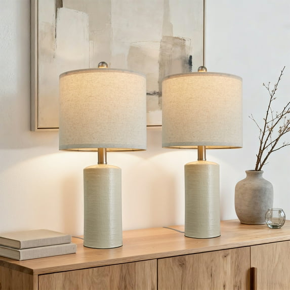 Oneach 20.25" Rustic Table Lamp Set of 2 Farmhouse Beige Ceramic Bedside Nightstands Lamps for Bedroom Living Room