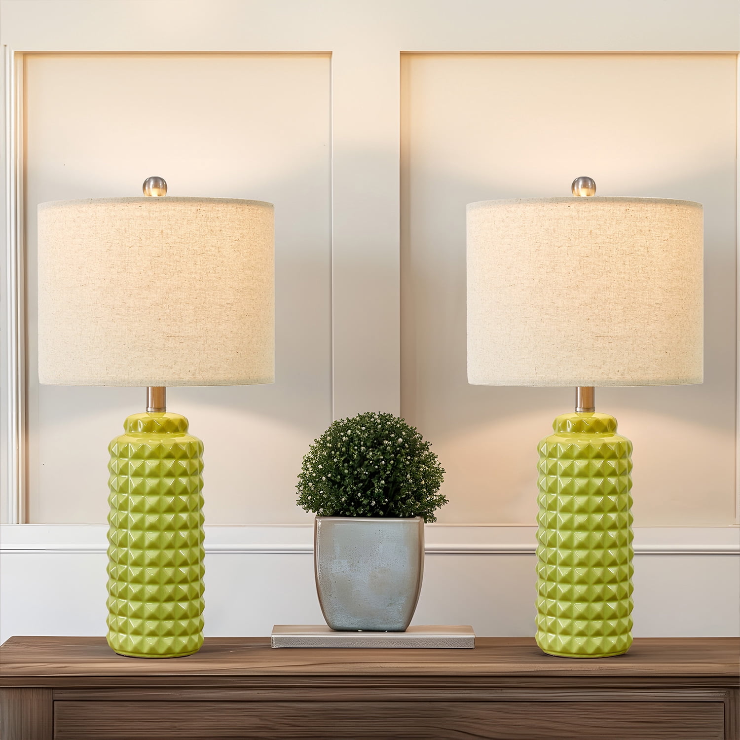 Oneach 24.5" Ceramic Table Lamp Set of 2 Modern Light Green Bedside Nightstands Lamps for ...