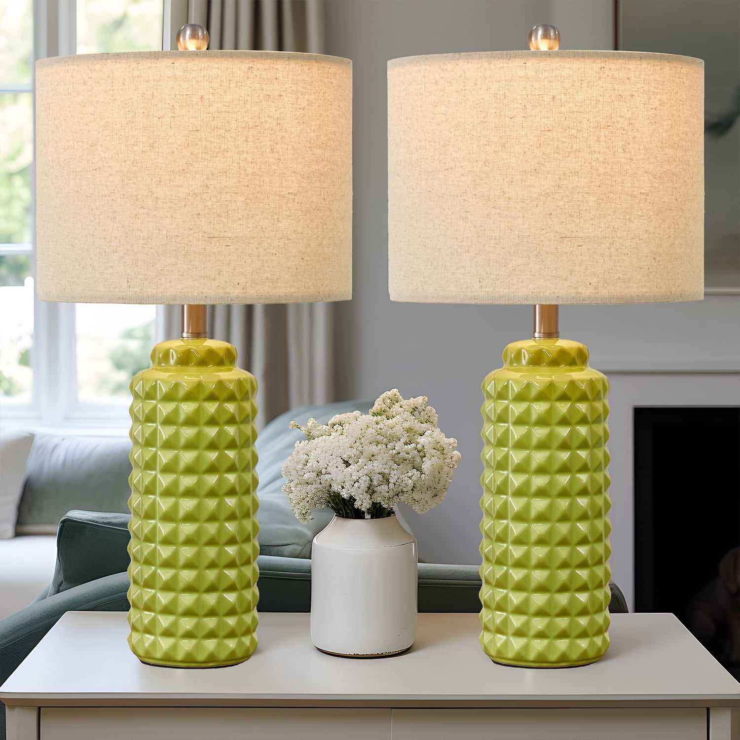 Oneach 24.5" Ceramic Table Lamp Set of 2 Modern Light Green Bedside Nightstands Lamps for ...