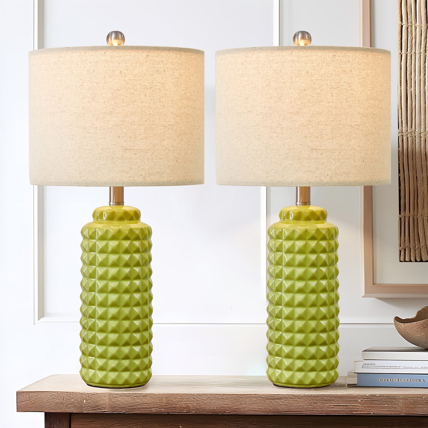 "Oneach 24.5"" Farmhouse Ceramic Table Lamp Set of 2, Light Green Bedside Lamps for Bedroom ...