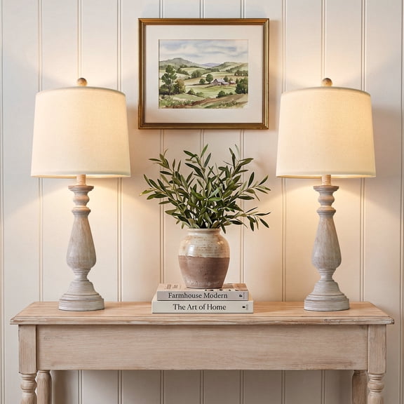 Oneach 24.5" Farmhouse Table Lamp Set of 2,Distressed Gray Resin Bedside Lamps for Bedroom Living Room Retro
