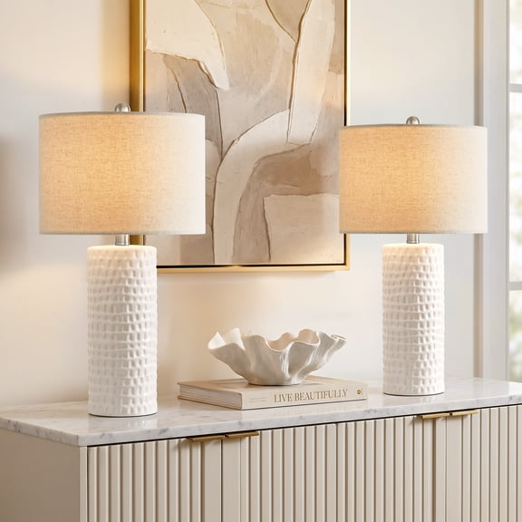 Oneach 24.5" White Ceramic Table Lamps Set of 2 with Beige Linen Shades, Modern Bedroom Lamps for Living Room