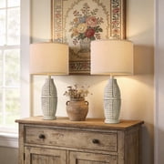 Oneach 25" Farmhouse Resin Table Lamps, Beige Linen Shade, Set of 2