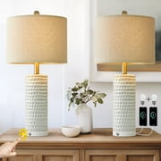 Oneach 3 Way Dimmable Ceramic White Table Lamp Set of 2 for Living Room Bedroom 24" Modern Nightstand Bedside Lamps with USB Ports