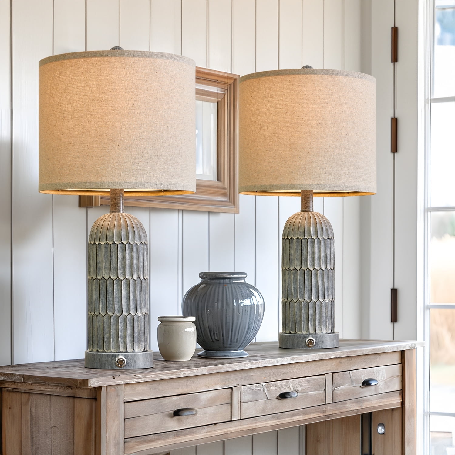 Oneach 3 Way Dimmable Farmhouse Table Lamp Set of 2 with USB Ports for Living Room Bedroom 22.5" Rustic Bedside Nightstands Lamp(Bulbs)