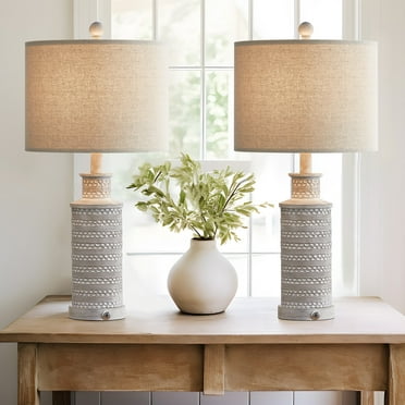Oneach 3 Way Dimmable Table Lamp Set of 2 with USB Ports for Bedroom Living Room 24.5" Vintage Rustic Farmhouse Touch Control Nightstand Bedside Lamps Resin (Bulbs)