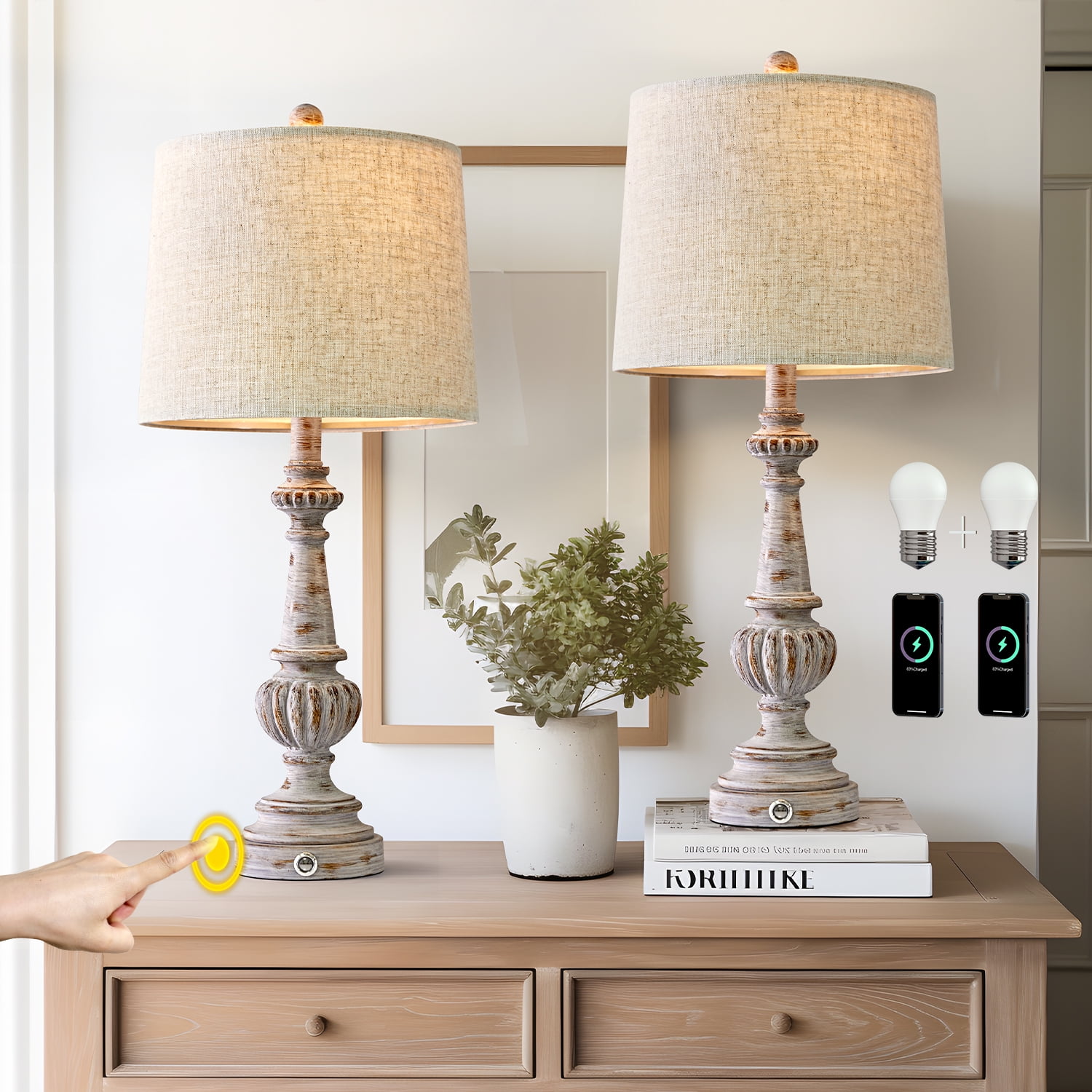 Oneach 3 Way Dimmable Table Lamp Set of 2 with 2 USB Charging Ports, 25