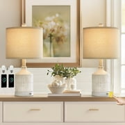 Oneach 3 Way Dimmable Table Lamp Set of 2 with USB Ports, 20" Ceramic Farmhouse Touch Control Bedside Lamps for Living Room Bedroom Nightstand