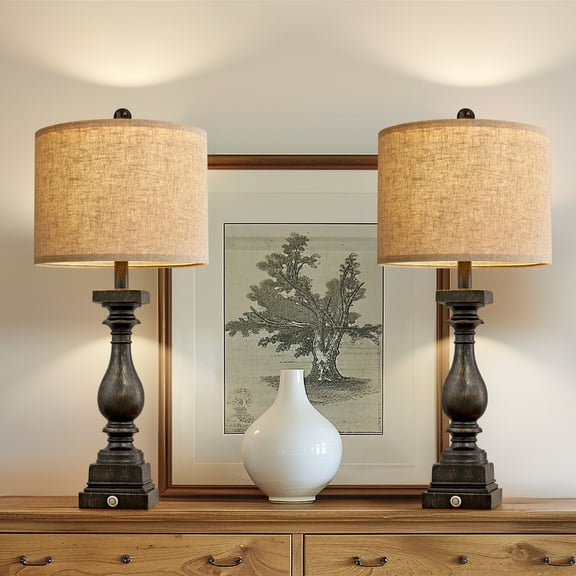 Oneach 3 Way Dimmable Touch Black Table Lamp Set of 2 with USB Ports for Living Room Bedroom 27" Retro Resin Bedside Nightstands Lamps(Bulbs Included)