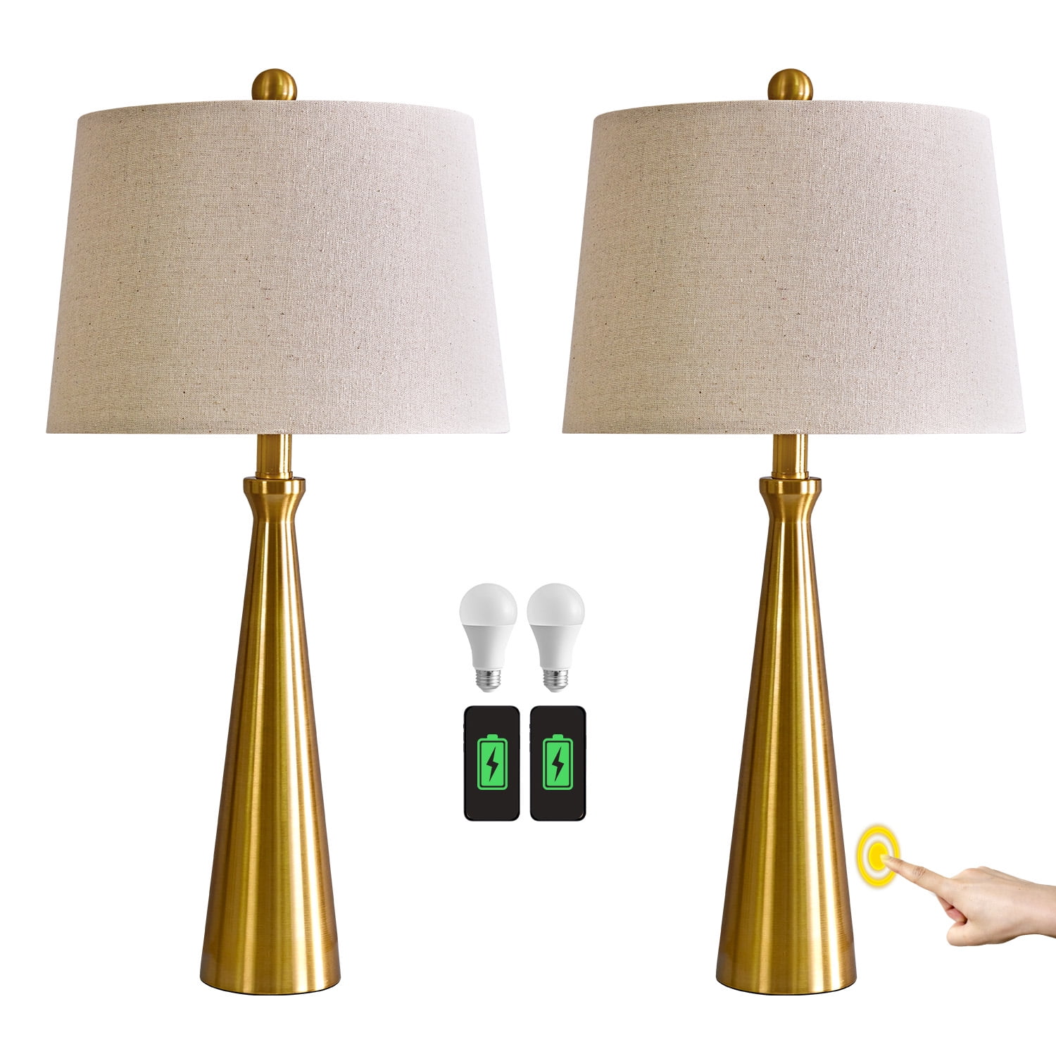 "Oneach Table Lamp Set of 2, 3Way Dimmable Touch, USB Port, 25.75