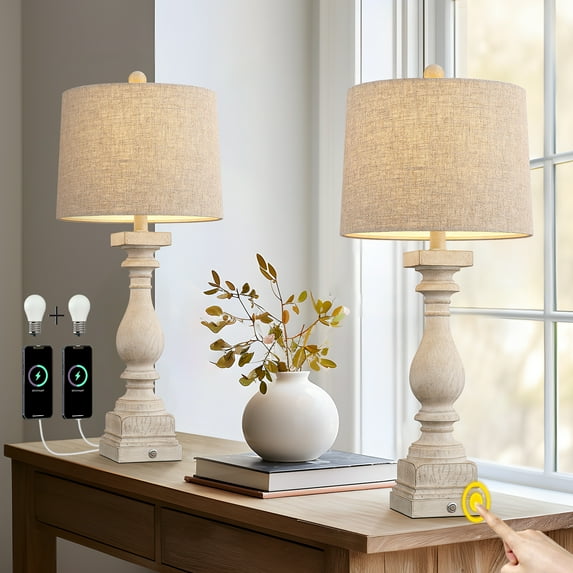 Oneach 3 Way Dimmable Touch Table Lamp Set of 2 Nightstands Lamps with USB Port 27.75" Resin Farmhouse Bedside Lamps for Living Room Bedroom (Bulbs)