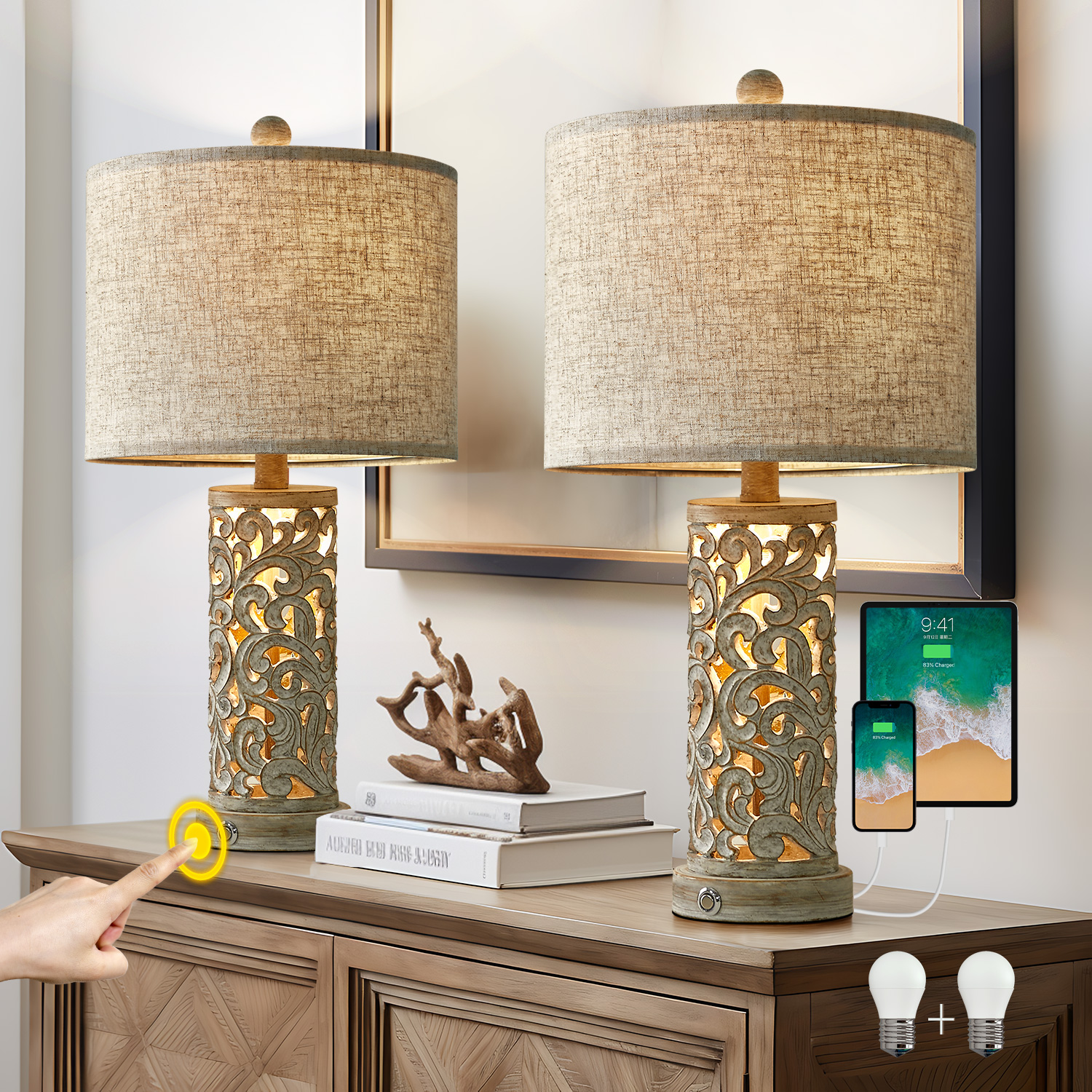 Elegant Designs Traditionally Crafted 3 Pack Lamp Set (2 Table Lamps, 1 ...