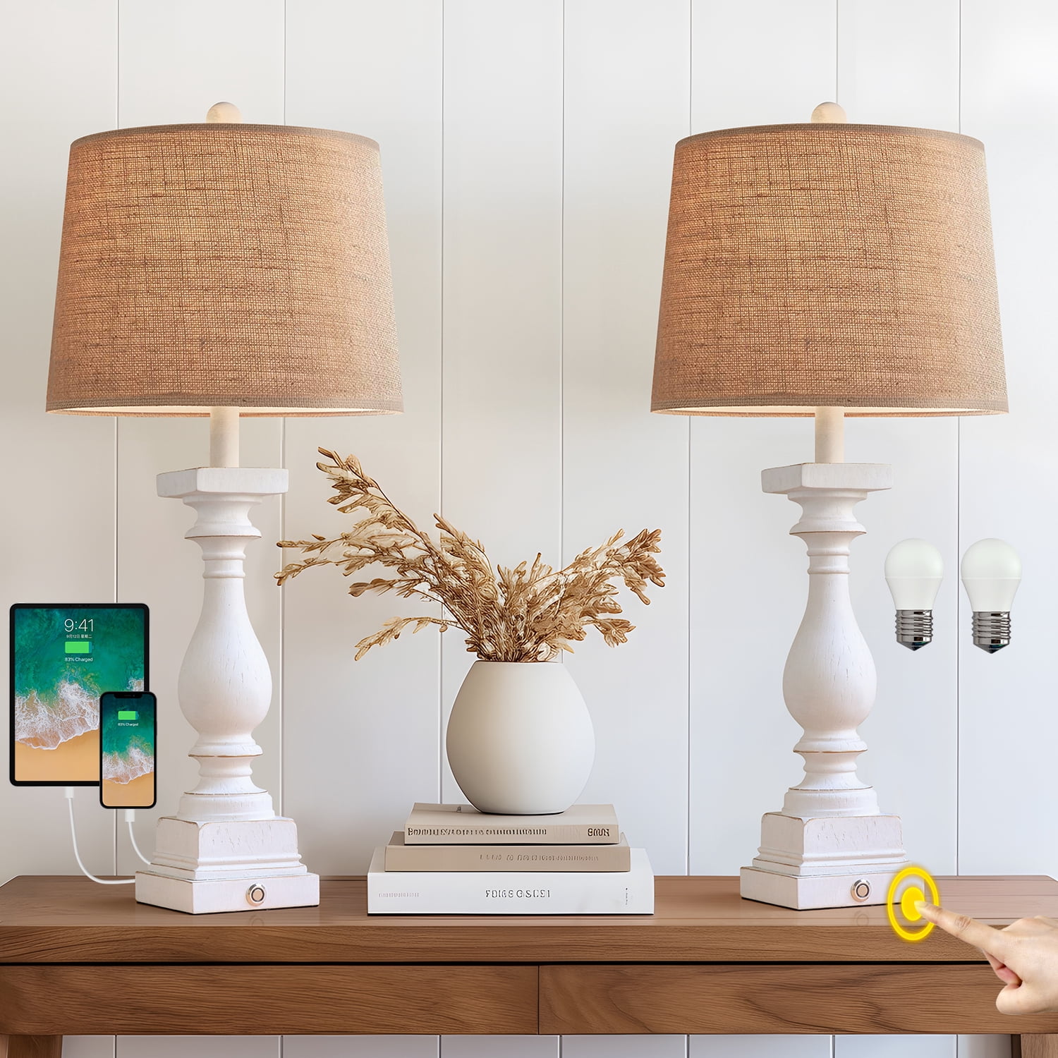 Oneach 3 Way Dimmable Touch White Table Lamp Set of 2 with USB Ports for Living Room Bedroom 27.75" Farmhouse Resin Bedside Nightstands Lamps(Bulbs)