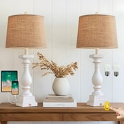 Oneach 3 Way Dimmable Touch White Table Lamp Set of 2 with USB Ports for Living Room Bedroom 27.75" Farmhouse Resin Bedside Nightstands Lamps(Bulbs)