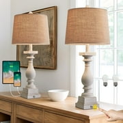 Oneach 3 Way Dimmable Touch White Table Lamp Set of 2 with USB Ports for Living Room Bedroom 27.75" Farmhouse Resin Bedside Nightstands Lamps(Bulbs)