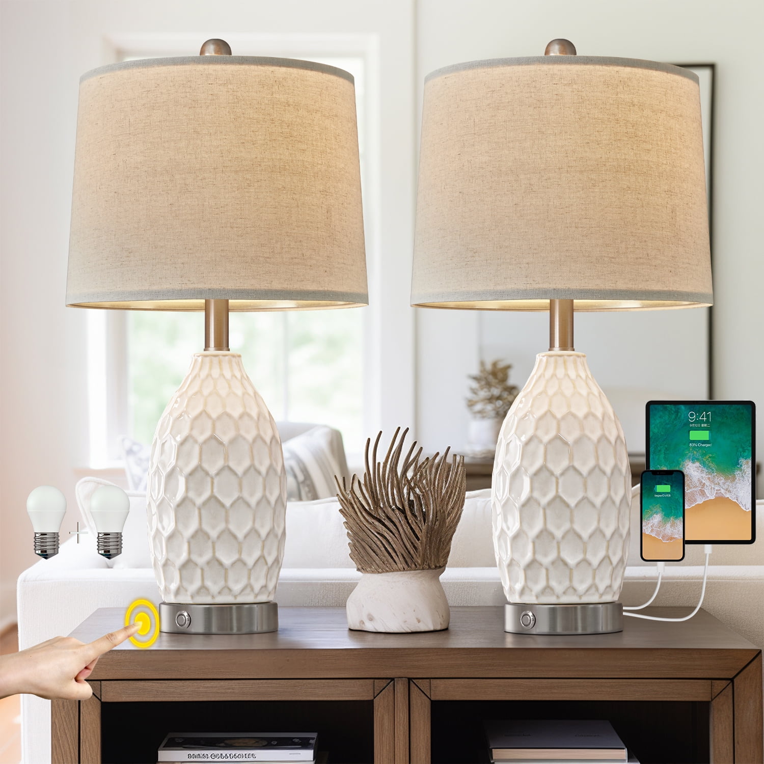 Oneach 3 Way Dimmable White Table Lamp Set of 2 with 2 USB Ports for