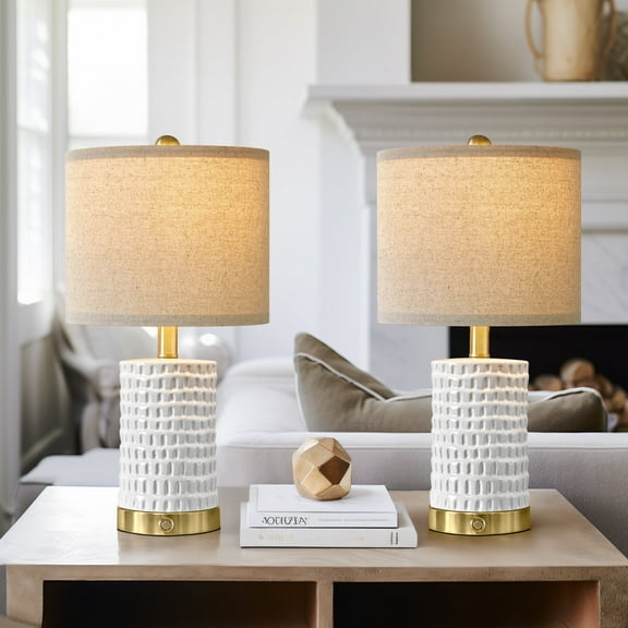 Oneach 3 Way Dimmable White Table Lamp Set of 2 with USBC+A, 19" Ceramic Farmhouse Touch Control Bedside Lamps for Living Room Bedroom(Bulbs Included)