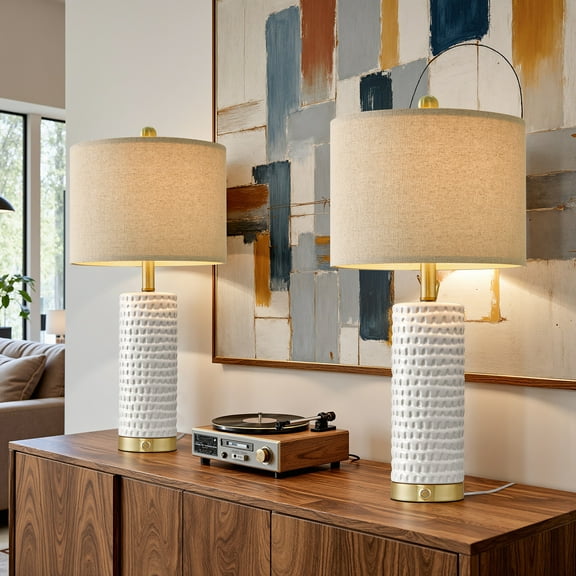 Oneach 3 Way Dimmable White Table Lamp Set of 2 with USBC+A, 24" Ceramic Farmhouse Touch Control Bedside Lamps for Living Room Bedroom(Bulbs Included)