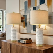 Oneach 3 Way Dimmable White Table Lamp Set of 2 with USBC+A, 24 Ceramic Farmhouse Touch Control Bedside Lamps for Living Room BedroomBulbs Included